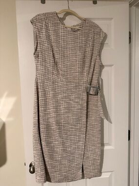 Calvin Klein Cream and Gray Tweed Sheath Dress with Side Buckle